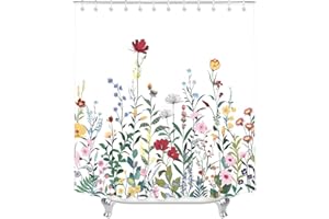Lerores Duschvorhang 150x180cm Blumen Pflanze, Beschwerter Saum Antischimmel Textil, Wasserabweisend, Waschbar Polyester Stoff Badevorhänge für Badezimmer, Badewanne mit 10 Duschvorhangringe