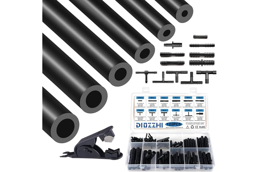 Silicone Vacuum Tubing Hose with 12 Sizes 122PCS Nylon Connector, 3/4/5/6/8/10mm ID 2M 6PCS High Performance 130PSI Automotive Replacement 3mm Thickness Black Silicone Vacuum line Kit
