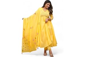 RANGMAHAL STORE RangMahal Women's Indian Embroidery and Sequence Heavy Work Kurta Trousers with Brush Print Dupatta Set