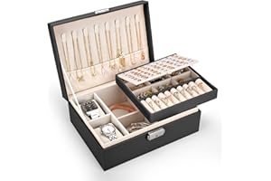Pystuvo Jewellery Box for Women, 2-Layer Large Jewellery Organiser Box with 2 Watch Pillows, PU Leather, Travel Jewellery Organiser for Earrings Rings Necklaces Watches Bracelets,Black