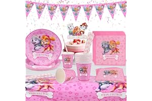 QOOLOO Set di stoviglie per feste, 62 pcs Stoviglie per Feste di Pattuglia di Cani, bambini feste di compleanno, tazze, tovaglioli, piatti, tovaglie, Set di Stoviglie di Compleanno per Bambini(rosa)