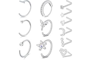 NIUSIMAN 20G Piercing Naso acciaio chirurgico Argento Oro piercing naso anello Fiore Cuore Argento C L forma anello Piercing Naso Orecchini per donne uomini Argento Cubic Zirconia 2mm 2.5mm 3mm