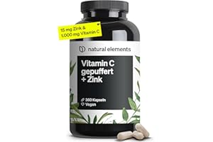 ‎NATURAL ELEMENTS natural elements Vitamin C - 360 Kapseln - Hochdosiert mit 1000mg + 15mg Zink - Pflanzlich fermentiert & gepuffert (pH-neutral, säurefrei, magenschonend) - vegan, laborgeprüfte Qualität