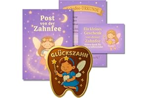 Milaboo Tooth Fairy Gift Children - Tooth Shape Lucky Coin (3.5 cm) in Organza Bag with Card, Post from the Tooth Fairy, Certificate & Envelope - Gift Set for Tooth Loss (Purple)