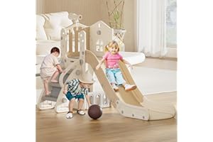 FAYDUDU Toddler Slide, 4 in 1 Kids Indoor Slide for Toddlers Age 1-3, Baby Slide with Basketball Hoop, Telescope, Climbing, Storage Indoor Outdoor Playset Playground Freestanding Slide (Beige Brown)