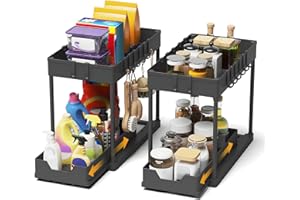 Meltrck 2 Paquete Organizador Cocina 2 Niveles para Debajo del Fregadero - Organizador Extraíble Estante Almacenamiento Debajo Fregadero con 16 Ganchos,Negro