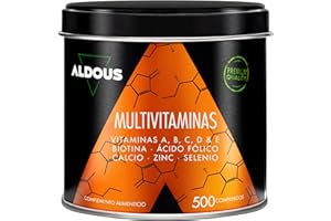 ALDOUS BIO Multivitaminas Hombre y Mujer - 500 comprimidos + 1 año - Multivitaminico: Vitamina C, D, E, A, Vitaminas B, Biotina, Acido Folico, Calcio, Zinc, Selenio - Complejo Vitaminico Completo - ALDOUS