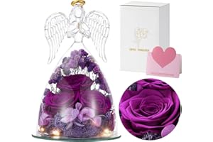Emibele Christmas Angel Rose Gifts for Mom Grandma, Preserved Real Rose in Glass Angel Figurines, Eternal Flower Rose Gifts for Women on Mother's Day Birthday Anniversary Thanksgiving, Red/Purple