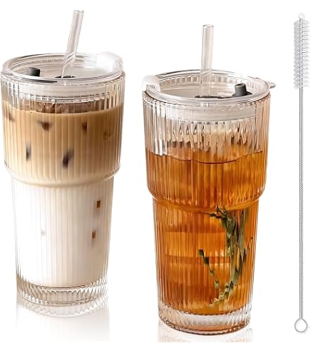 Lot De 2 Verres à Matcha 400 Ml Avec Couvercle Et Paille - Verre Borosilicate, Motif Fleurs Rose - 2