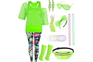 VELMAWIG 80er 90er Jahre Outfit Damen 20 Stück 80iger Retro Kostüm Off Shoulder Netzshirt Frauen mit Leggins Neon Kleidung Zubehör Set Bauchtasche Ohrring Netzhandschuhe Armband Halskette Bad Taste Outfit