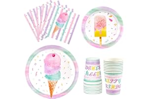 WERNNSAI Eiscreme Teller Servietten und Tassen - Eiscreme und Eis am Stiel Thema Partyzubehör für Mädchen Geburtstag Geschirr Geschirr Dessert Platten Luncheon Servietten 16 Gäste 64 PCS