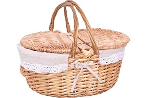 Marooma Wicker Picnic Basket with Removable Liner, Empty Picnic Baskets with Lid Picnic Hamper with Foldable Woven Handle Oval Wicker Basket for Picnic Camping Outdoor (A)