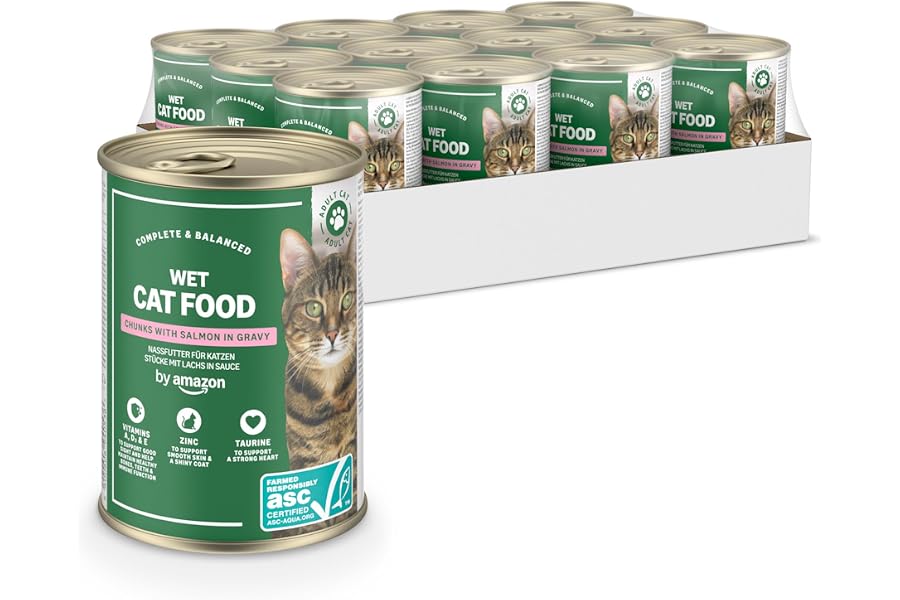 by Amazon - Comida húmeda para Gatos, trozos de salmón ASC en Salsa, 12 x 415 g