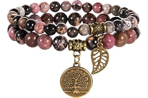 Farfume Chakra Bracelet En Pierre Naturelle - Bracelet Perles Naturelles Femme-Ensemble De Deux Bracelets Avec Accessoires Arbre De Vie Et Feuille