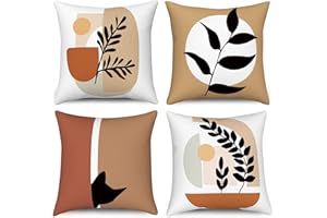 Hnmdmyi Funda de cojín Boho 40x40 Juego de 4, Abstracto Hoja Planta Gato Negro Fundas de cojín Decorativo Minimalista Arte Moderno estética Lino Funda de cojín para sofá decoración del hogar