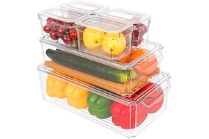 Bewahly Organizer Frigorifero Set di 6, Contenitori Frigo Impilabili con Coperchio, Organizzatori Frigorifero per Frutta e Verdura, Contenitori Frigorifero per Cucina, Dispensa, Armadietti - Senza BPA