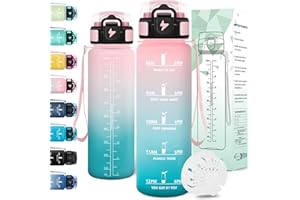 Motswedi Botella agua 1 litro, Reutilizable, Cantimplora, a Prueba de Fugas, Botella agua Gimnasio, con Marcador de Tiempo, botellas Gympara Escuela, Gym, Yoga, Oficina, Rosa Verde
