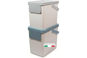 Snips - Pattumiera Differenziata, Set 2x25L Bidoni Differenziata da Interno, Esterno e Cucina Impilabili 26x36x43 - Secchio Spazzatura con Adesivi Inclusi per Materiali Raccolta, Bianco, Made in Italy