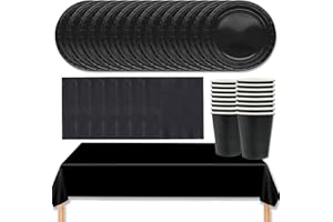 MOMAHUA 53P Party Tableware Set,Black Dinnerware Set with Plates,Tablecloth,Napkins,Cups,Solid Color Table Decorations for Birthday,Wedding,Picnic,Baby Shower,Party Supplies for 16 Guests