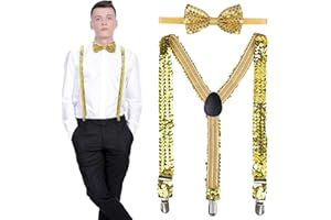 FMKLDENA Tirantes con lentejuelas, Pajarita brillante, Conjunto de pajarita y tirantes de lentejuelas, Tirantes ajustables en la espalda Y, para Carnaval Fiestas Rave, Jazz y Baile