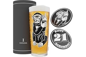 INSAXA 21st Birthday Gifts for Men - Cheeky Monkey 21st Beer Glass (1 Pint/580ml) and 2 Silicone Coasters - Funny 21st Birthday Gifts for Men Presents for 21st Birthday Gift Ideas