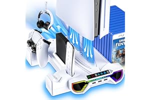 ZRZLMVP PS5/Slim/Pro Cooling Station with Controller Charging Station for Playstation 5 Console - RGB PS5 Stand with Controller Charger, Cooling Stand Accessories Kit-Turbo Fan/Headset Holder/3 USB Hub, White