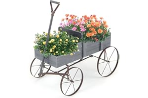 TANGZON Wagon Garden Planter, Decorative Plant Pot Stand with Rotatable Handle & 4 Wheels, Indoor Outdoor Wooden Flowers Wagon Cart for Park, Backyard and Patio (Grey)