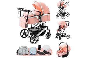 Kakbgee 3-in-1 Pram Travel System, Pushchair Travel System with ECE R129 Car Seat, Height Adjustable Handle Baby Pram, High View Aluminum Frame Baby Stroller for Newborn, Pink(0-4Yeas, 22KG)