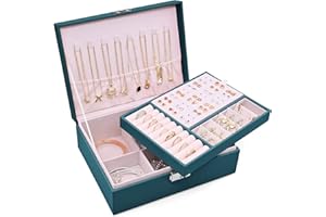 Sciphylia Porta Gioielli Donna 2 Strati Grande Portagioie Donna con Vassoio Rimovibile Impermeabile Pelle Pu Portagioie da Viaggio con Serratura Ragazza per Anelli Orecchini Collane Bracciali, Verde