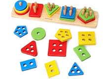 PETROM Wooden Preschool Toys for Children 1 2 3 4-5 Years Old Boys Girls Color Learning - Geometric Wooden Blocks for Toddler
