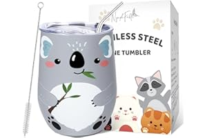 NymphFable 12oz Koala Termo Cafe con Tapa y Pajita Taza Termica para Llevar de Acero Inoxidable, sin Tallo Taza de Café de Vino