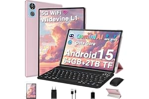 DEERTIME Tablet Android 15 Tablets 10 Pulgadas con Gemini AI, 64GB+2TB TF, 5G Wi-Fi, Octa-Core 2.0GHz, Widevine L1, 8+5MP, GMS, 6000mAh, Facial ID,GPS,BT5.0, 2 en 1 Tablet con Teclado,Ratón y Funda - Oro Rosa