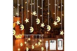 Aluusy Cortina de Luces Navidad 3,5M Estrellas Lunas Luces de Navidad Interior Exterior con Temporizador y Control Remoto, 8 Modos Luces Led Navidad para Decoración Ventana, Fiesta, Balcón