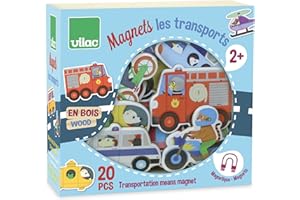 Vilac - Magnets Les transports - Découvrir l’univers des transports - Jouet éducatif pour Enfant - 20 pièces aimantés - Amusant - Découvre la face collante - A partir de 2 Ans - 8028, 30 x 30 x 30 cm
