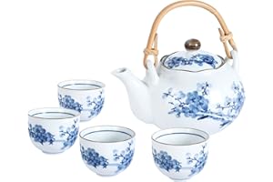 fanquare Servizio da Tè in Porcellana Giapponese Bianca e Blu, Servizio da Tè con Fiori di Prugna, Teiera in Ceramica con Manico in Rattan e 4 Tazze