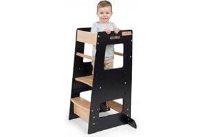 KiddyMoon Kökshjälpare för barn stegpall lärande torn för barn lärande stol justerbar höjdnivå Montessori-möbler, bebisar köksprylar, ST-003, svart/naturlig