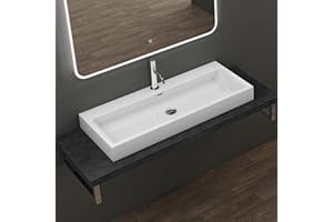 doporro Lavabo Sobre Encimera Baño Lavabo | Rectangular | Blanco Brillante | Mármol Fundido con Recubrimiento de Nano | 100x42x10 cm | con Orificio para Grifo y Rebosadero | Colossum06