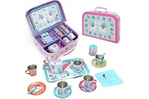 SOKA PLAY IMAGINE LEARN SOKA Llama Metal Tin Teapot Set with Carry Case Toy for Kids - 18 Pcs Illustrated Colourful Design Toy Tea Party Set for Boys and Girls Pretend Role Play