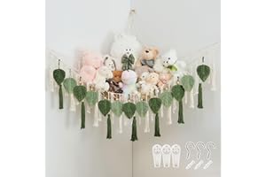 Pretty Jolly Stuffed Animal Storage with Hand Woven Leaf Tassels Hammock Corner Hanging Net Boho Macrame Plush Storage for Toys Kid Room Wall Nursery Decor for Girls Gift (Sage Green&Avocado Green)