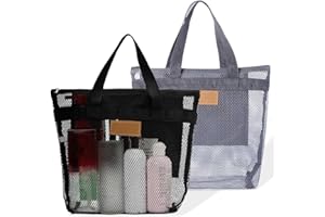 ZOWEXIQ 2 bolsas de ducha, bolsa de ducha con asa, bolsa de playa portátil, cesta de ducha de malla, bolsa de playa multifuncional de malla, para gimnasio, ducha, playa, artículos de tocador de viaje (negro