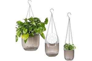 QCQHDU 3 Stück Selbstbewässernd Blumenampel 11/17/22 cm hängende Pflanzgefäße Pflanzen Pflanzenhänger Halter mit Drainage Loch und Kette hängender Blumentopf mit 3 Haken für Garten Home Patio Dekor（grau）