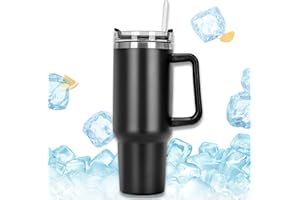 TIKXLAFE 1180 ml Mug Isotherme tasse de café portable, tasse isolée à vide en acier inoxydable à double paroi avec poignée et paille, tasse de voiture, tasse de café pour boissons chaudes et froides (Noir)