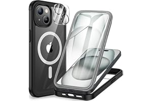 CENHUFO Magnética Funda iPhone 15, [Compatible con MagSafe] Integrado [9H HD] Cristal Templado Protector Pantalla y Protector cámara, 360 Grados Antigolpes Carcasa Militar Capa Doble Cara Case -Negro