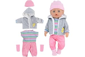 FRACTOLUXE Baby Puppen Puppenkleidung 35-43 cm 1 graue Jacke + 1 gestreifter Pullover + 1 Strickmütze + 1 Paar Socken, Kleidung Outfits für Baby Kinder Mädchen Jungen (Puppe Nicht enthalten)