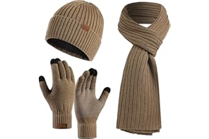 KUNYEAH 3PCS Winter Unisex Hat Scarf Gloves Set Warm Knit Beanie Hat Touchscreen Gloves Long Scarf Outfit for Men and Women