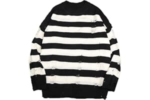 PJRYC Black Striped Sweater Sweater Men's Pullover Open Hole Knit Pullover Men's Oversized Sweatshirt Long Sleeve Top (Color : White, Size : S)
