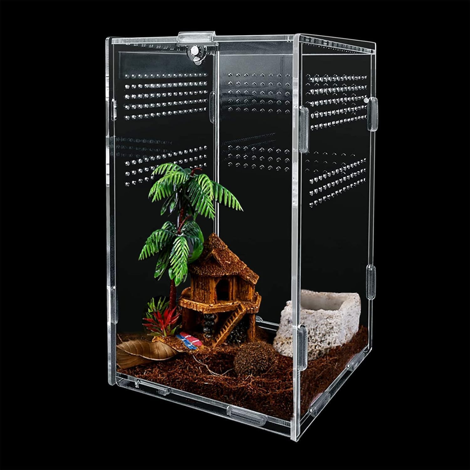 Caja de Alimentación de Insectos 12x12x20 cm, Caja de Alimentación para Reptiles en Acrílico Transparente 360°, Terrarios para Arañas, Ranas, Escorpiones, Caracoles y Lagartos