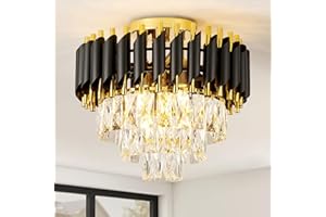 HARPER LIVING Crystal Ceiling Light, Modern Chandelier Lighting with 3 Tiers Crystals, Black & Gold Finish, 5xE14 Semi Flush Ceiling Lamp for Living Room Bedroom Dining Room