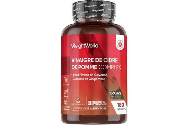 Vinaigre De Cidre de Pomme 1860mg avec la Mère 180 Gélules Vegan, Complexe avec Gingembre, Piment de Cayenne, Curcuma, Apple Cider Vinegar Capsules (ACV) sans Morosil