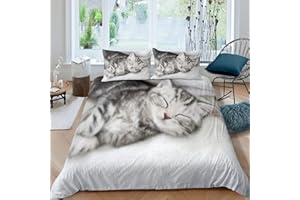 HOMEWISH Kätzchen Bettbezug,3D Druck Kleine Katze Bettwäsche Set für Kinder Jungen Mädchen Erwachsene,Niedliche Haustier Tier Trösterbezug,Schlafende Katze Bettwäsche mit 1 Kissenbezug 135X200 Weiß Schwarz